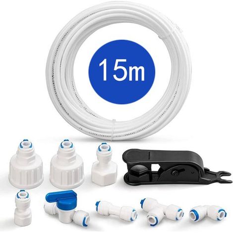 Tuyau de 15 m pour filtre à eau de réfrigérateur - Raccords inclus - Kit de connexion universel - Compatible avec les réfrigérateurs américains - Blanc (1/5)