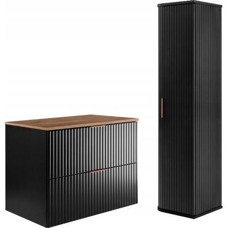 Rodan Badmöbel Set Schwarz Matt und Eiche Craft, Waschbeckenunterschrank 46 x 80 x 57 cm und Hochschrank 35 x 139 x 31 cm, feuchtraumgeeignet