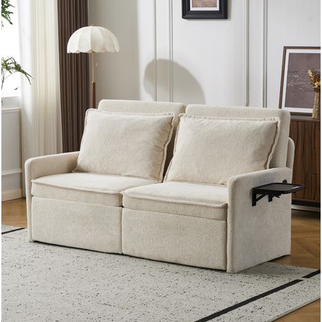 Sofá cama 3 en 1 beige en chenilla con respaldo ajustable, almacenaje lateral y puerto USB/Type-C (1/5)