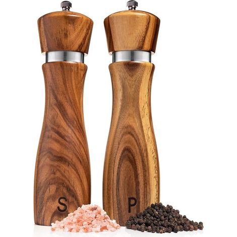 Set di macina sale e pepe in due pezzi in legno di acacia, set di macina sale e pepe in legno, saliera e pepiera, stoviglie, nucleo in ceramica 20 cm (1/5)