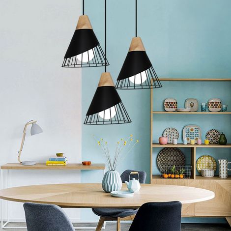 3 Luces E27 Lámpara Colgante con Base Redonda, Lámpara de Techo con Forma de Bádminton, Lámpara de Interior de Metal y Madera para Cocina, Salón, Dormitorio, Color Negro (1/5)