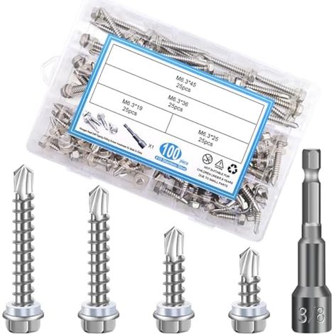 Lot de 101 vis auto-taraudeuses à tôle trapézoïdale 6,3 x 19 25 36 45 mm Vis à tête hexagonale avec rondelle d'étanchéité en acier inoxydable
