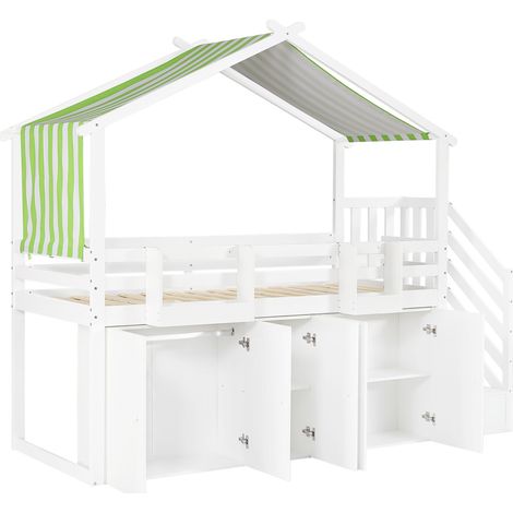 Lit superposé enfant avec escalier de rangement, armoire et coffres, 90x200 cm, blanc et vert (1/5)