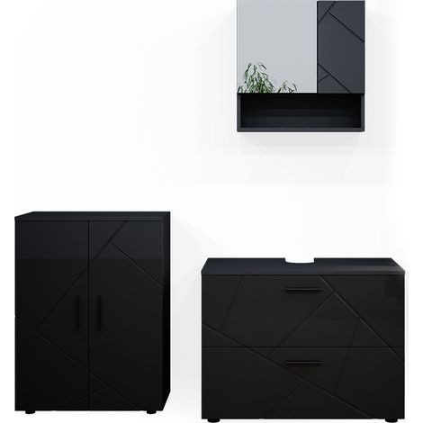 Conjunto de muebles de baño Irma, Antracita alto brillo, 3 partes, con mueble bajo 80 cm, Vicco