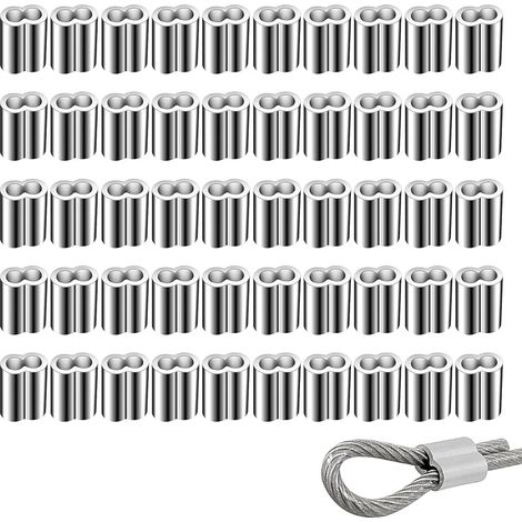 Manchons En Aluminium 4mm, 50 Pièces Manchons À Sertir À Double Virole En Aluminium, Clip À Sertir, Ferrules À Virole Pour Câble Métallique Et Câble De 4mm De Diamètre (1/5)