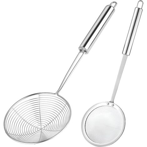2 Pièces Ecumoire à Friture, Araignée de Cuisine en Acier Inoxydable, Écumoire à Mailles Fines avec Poignée Longue, pour Friture Bouillir des Nouilles Boulettes et Pât, Diamètre 14 cm, 12 cm (1/5)