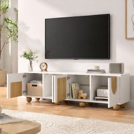 Mobile TV 175x38x50 cm, design moderno minimalista, 4 vani, MDF, bianco e naturale (1/5)
