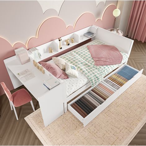 Lit simple moderne 90x200 cm avec bureau, 2 tiroirs et 3 étagères, pin et panneaux de particules, blanc (1/5)