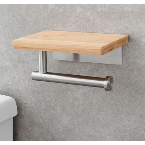 Porte-rouleau de papier toilette sans perçage avec étagère en bambou - Porte-rouleau de papier toilette sans perçage - Support mural pour toilettes et salle de bain (1/5)