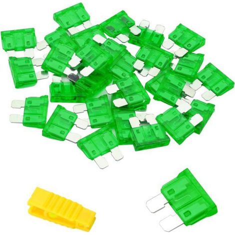 Fusible voiture 30A - - 20 pièces - 30A - 19x5x18,5 mm - Tension 32V - Boîtier transparent - Code couleur (1/5)