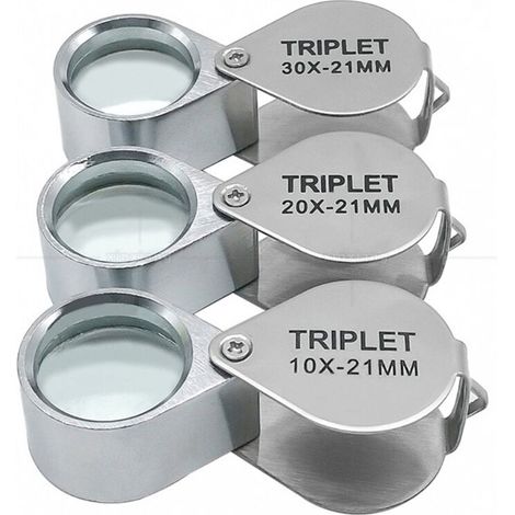 Lupa de joyero portátil de 10x/20x/30x con estuche – Dimensiones: 42 × 25 × 18 mm – Para lectura, observación científica y ocio.