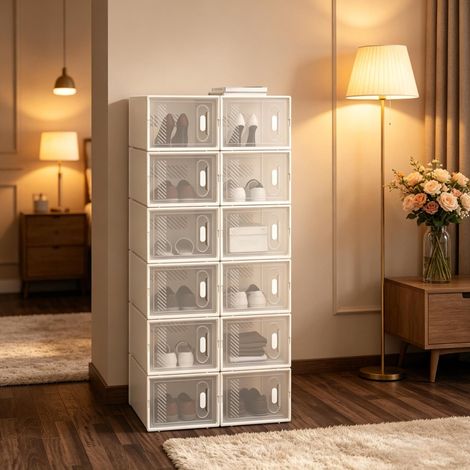MEUBLIV lote de 12 cajas para zapatos apilables transparentes y blancas 50x35,5x111,5 cm (1/5)