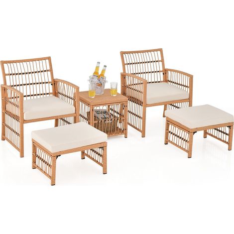 COSTWAY 5 Piece Patio Wicker Sofa Set Outdoor Rattan Conversation Set w/ Seat Cushions (1/5)