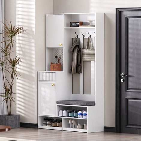meuble rangement entrée compact 100x180x35 blanc OKMYHOME (1/5)