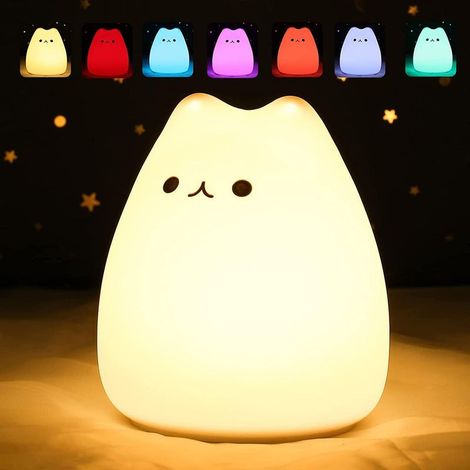 Veilleuse Bébé,Veilleuse Enfant,7 Couleurs Veilleuse Kawaii Chat,Veilleuse LED,Fonction Minuterie Lampe Chevet,Veilleuse Enfant Silicone Tactile Veilleuse BeBe Cadeau Fille (1/5)