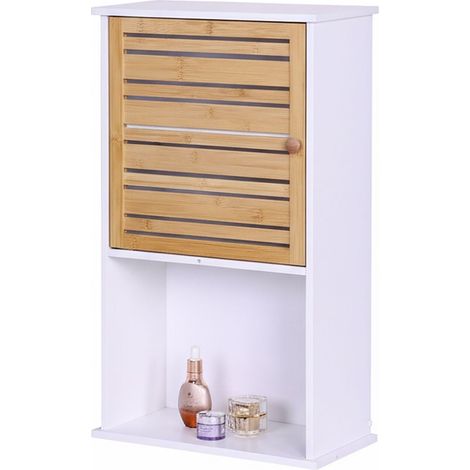 Armario de pared para baño, puerta de bambú, estantes ajustables