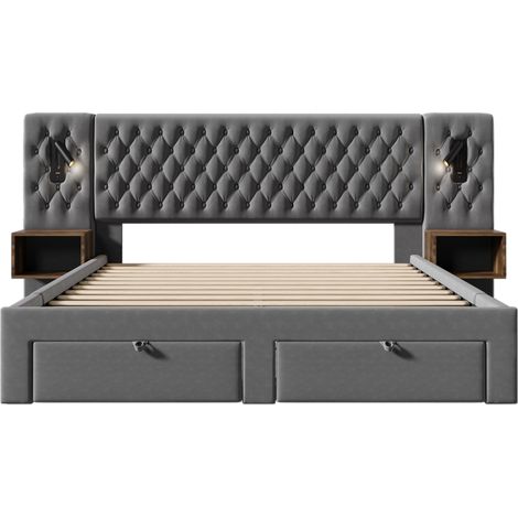 Letto matrimoniale 160 x 200 cm in velluto grigio con 2 comodini, 4 cassetti, lampade e USB (1/5)