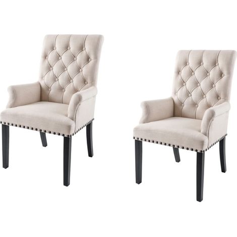 2er Set Chesterfield Tischsessel REGINA beige, gepolstert – Armlehnen, schwarze Nägel und Beine aus Heveaholz (1/5)