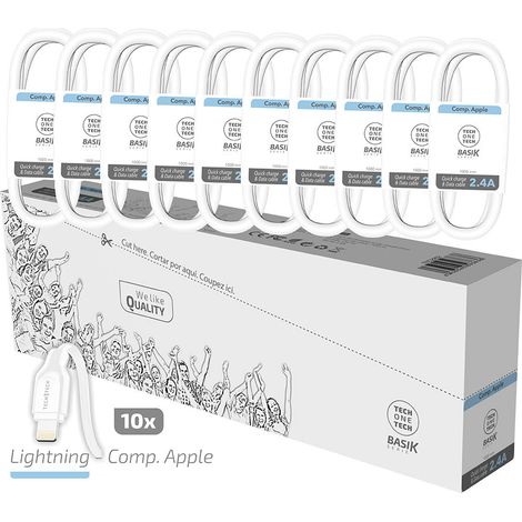 Pack 10 Cables Lightning Tech One Tech TEC2952/ Lightning Macho - Lightning Macho/ 1m/ Blanco