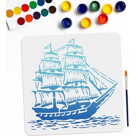 Pochoir Nautique Pochoirs pour peinture Bateau à voile avec pinceau 30x30 cm Modèle de dessin de voyage en mer pour murs en bois, toile, meubles, travaux manuels (1/5)