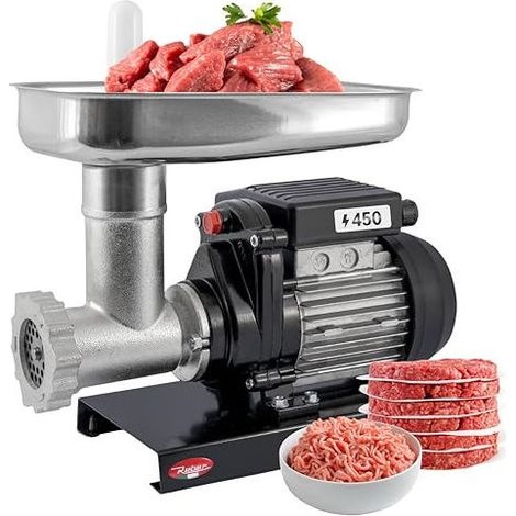 Reber, Tritacarne Elettrico N.8, 450W, Corpo in Ghisa Stagnata, Coltello e Piastra in Acciaio Inox