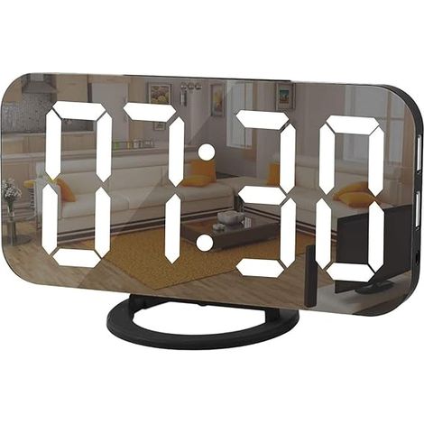 MINKUROW Reloj Despertador Digital, Reloj Led Con Espejo, Repetición, Luz Nocturna Atenuada, 2 Puertos De Carga Usb, Reloj Despertador De Escritorio Para Decoración De Dormitorio (Blanco Y Negro) (1/5)