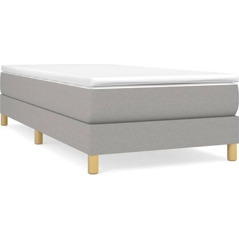 Cadre de lit à lattes avec un matelas gris clair (80x200 cm), recouvert de tissu. (1/5)