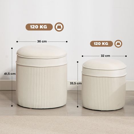 Ensemble de 2 poufs de rangement avec couvercles, repose-pieds ronds aspect velours, 36 x 36 x 41,5 cm, blanc crème (1/5)