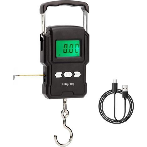Balanza para equipaje, balanza para maletas, 75 kg (165 lb), balanza colgante para equipaje con pantalla LCD retroiluminada y cinta métrica. (1/4)