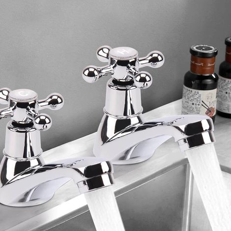2PCS 1/2" Basin Taps Cross Head Club Mixers Pair of Traditional Bath Round Handle Brass Faucet Chrome for Basinath Kitchen (Sliver) (1/5)