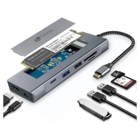 La Leotec Docking Station 8 en 1 LEDS07 es un hub USBâC compacto con ranura integrada para SSD M.2, diseñado para ampliar la conectividad y el alma
