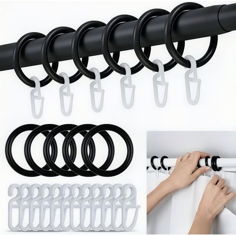 Lot de 200 anneaux de rideau, noirs et blancs, avec 100 crochets pour rideau de 30 mm de diamètre intérieur, en plastique, avec crochets, anneaux de rideau de douche, pour rideaux, douche, portes (1/5)