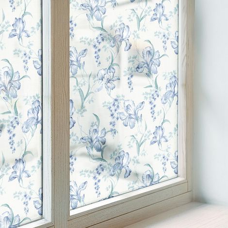 Film pour Vitre Intimité 100x116 cm Vitrail Collés sur le Verre Protection PVC pour Chambre Cuisine Salle de Bain Adhésif Décoratif fleurs bleues (1/5)