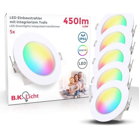 BKLICHT - Spots encastrés RGBW - Lot de 5 - Éclairage salle de bain - Avec télécommande - Intensité réglable - IP44 - 9,2 cm x 4,5 cm (D x H) - Blanc (1/5)
