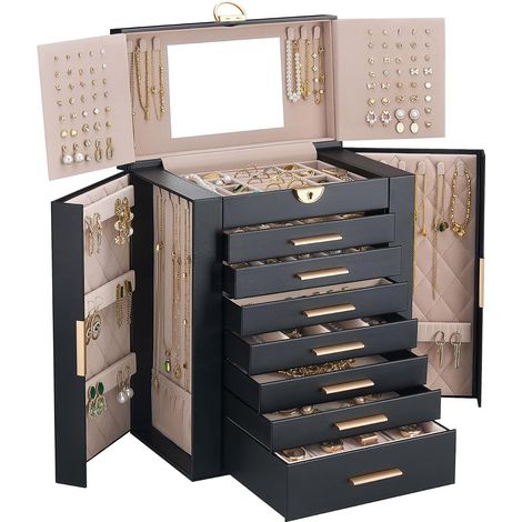 Grand Organiseur à Bijoux 8 Étages avec Miroir - Noir (1/5)