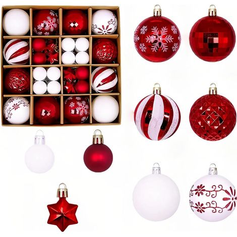 Set mit 44 unzerbrechlichen Weihnachtskugeln aus Kunststoff zum Aufhängen, Weihnachtsdekoration (rot und weiß)