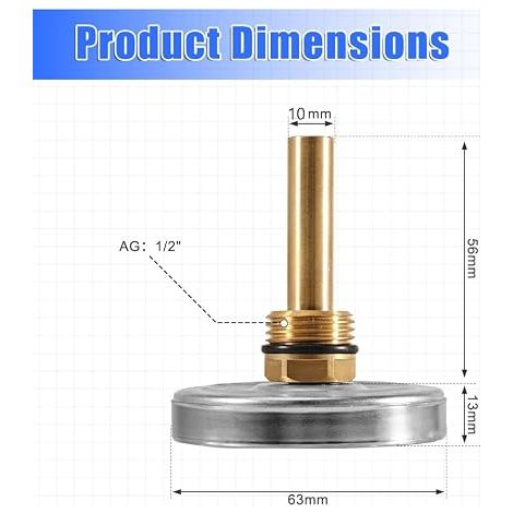 Bimetal Thermometer 63 mm Diameter Needle 0 °C to 120 °C with 1/2 Inch Connection, Heating Thermometer for Heating Systems and Boilers, Axial Pointer Thermometer (1/4)