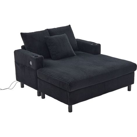 Fauteuil relax XXL en velours côtelé noir avec LED, USB et porte-gobelet, dossier ergonomique, grand confort pour salon ou bureau  CHICFURN (1/5)