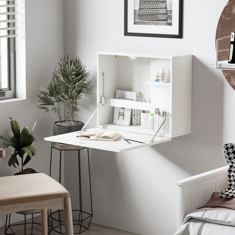 Bureau mural pliable gain de place avec étagères. Idéal pour la maison et le bureau. Fabriqué en panneaux de particules et MDF. 60 x 21,5 x 50 cm. Blanc.