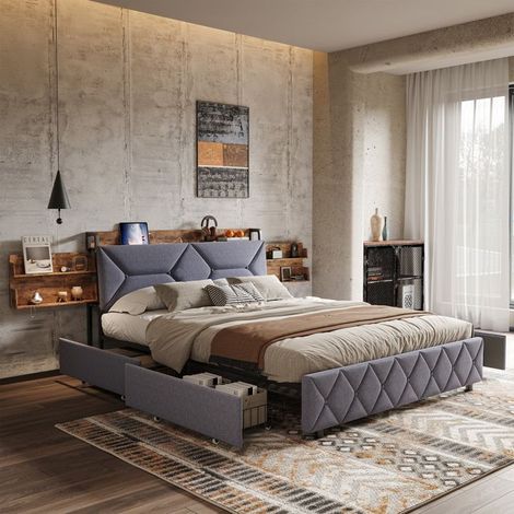 Bettgestell 160x200 cm aus Metall, Erwachsenenbett 160x200 cm mit 4 Schubladen, Doppelbett 160x200 cm aus grauem Leinen, Stauraum im Kopfteil