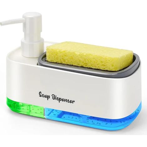 (Blanc - 1 ensemble) Distributeur de savon à double pompe 3 en 1 avec boîte de rangement pour éponge, idéal pour l'évier et le plan de travail. Solution de nettoyage compacte. (1/5)