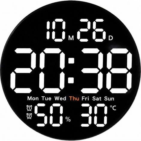 Horloge murale moderne avec affichage de la température et de l'humidité, silencieuse, à LED, alarme et calendrier, 25 cm (10 pouces) - Blanche (1/5)