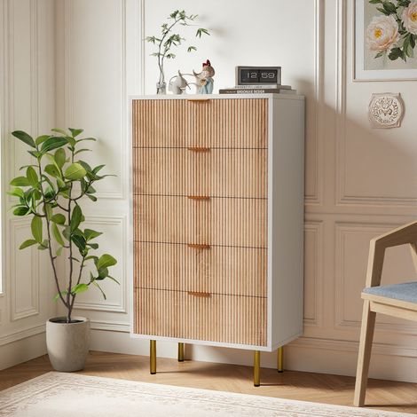 Commode 5 Tiroirs, Meuble de Rangement, Buffet Salon en Bois, Poignées et Pieds en Métal, Meuble De Couloir, Couleur Bois Naturel et Blanc (1/5)