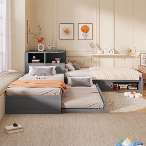 Letto singolo 90x200 cm grigio in pino e MDF con letto estraibile, vani scorrevoli e luce LED (1/5)