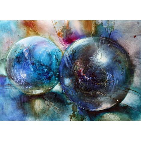 Tableau original multicolore | Tableau boule bleue & explosion peinture | Tableau sur toile moderne pour salon & chambre adulte - 0,7 x 0,5 m (1/2)