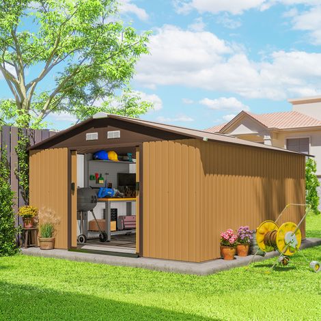 Caseta de jardín de 12,4 m² con cimientos, 4 ventilaciones y 2 puertas correderas, cobertizo para herramientas de chapa de acero, 340 x 386 x 200 cm, color amarillo.