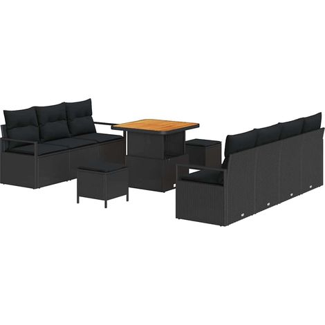 Garden Sofa Set with Cushion 10 pcs Black Poly Rattan vidaXL