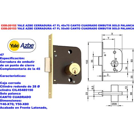 Serrure à mortaise Yale Azbe 47 FL 50x80 avec levier et carré