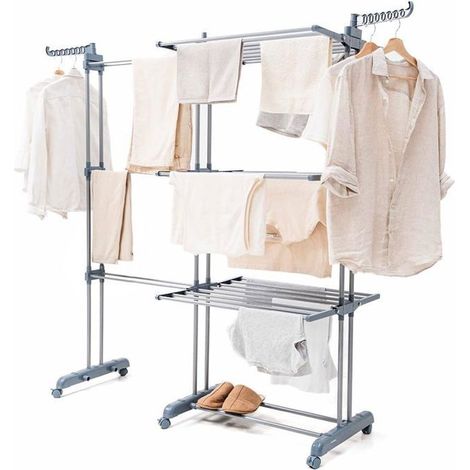 Séchoir Linge Vertical Pliant Double Extensible 30 Barres 3 Niveaux Etendoir intérieur Roulettes, 6 Ailes, 22m d’étendage cintres