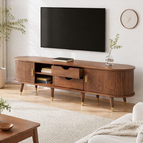 Meuble TV 175 cm avec porte coulissante en rotin, effet noyer, MDF, 60 kg HAVRYA (1/5)
